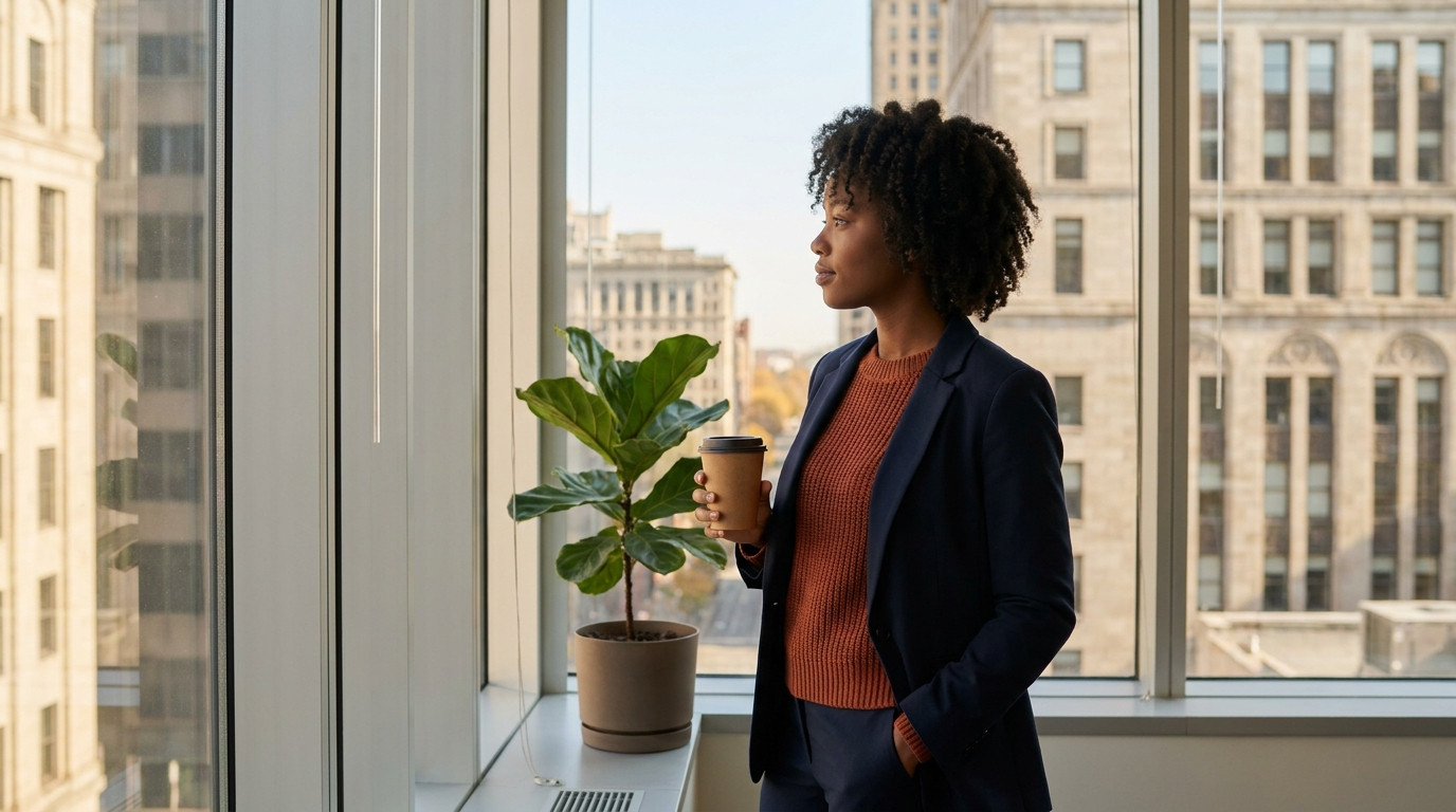 A college student in a navy blazer standing beside a tall window in a quiet corporate office tower on a clear autumn mor
