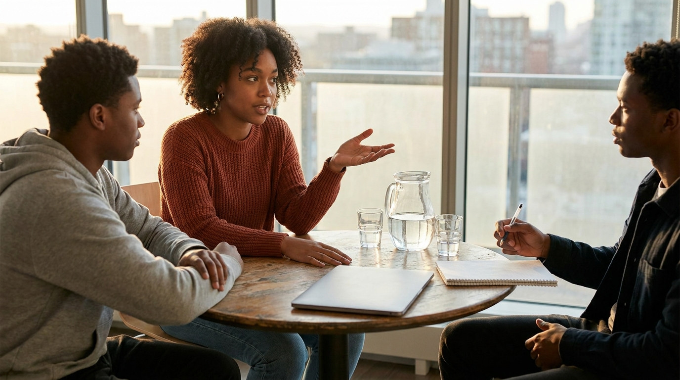 Exactly three college students and no one else in the image, sitting around a small round table in a glass-walled meetin