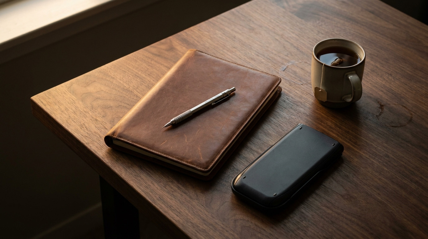 A close-up of a dark walnut desk corner holding a closed leather portfolio, a matte black graphing calculator lying face