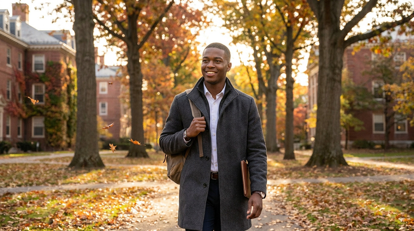 A college sophomore with short curly hair walking across a leaf-covered campus quad on a crisp October morning, wearing