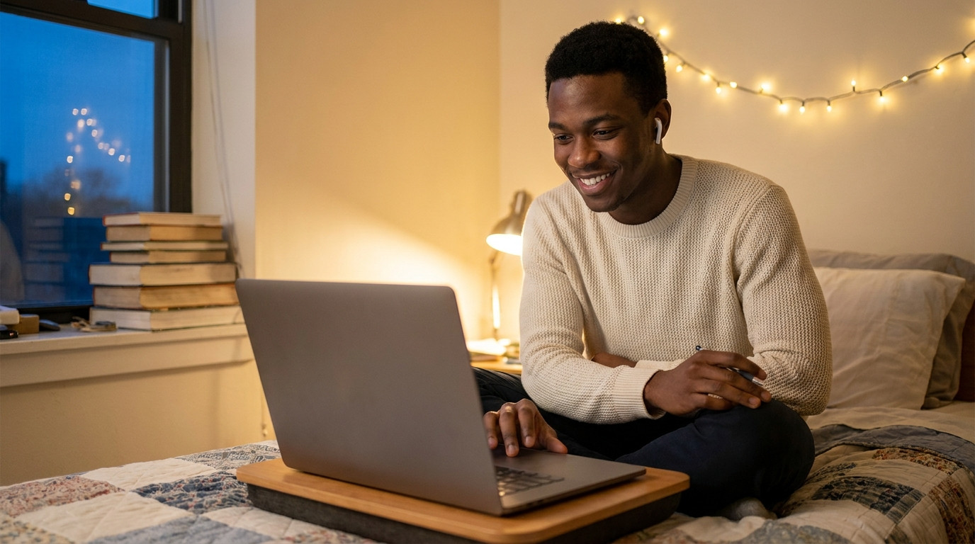 A college sophomore on a dorm room bed works on a laptop in the evening while researching internships