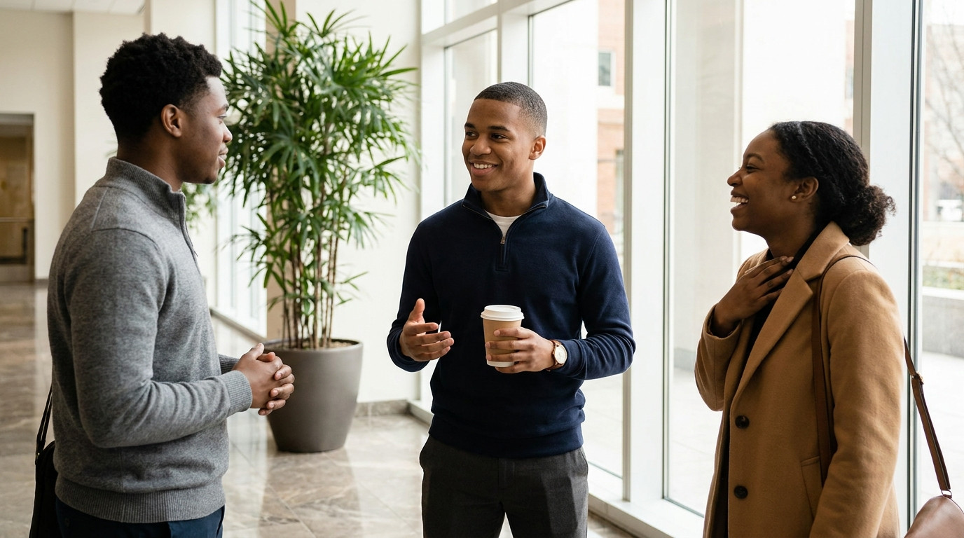 Three college students talk over coffee by a bright office lobby window during a firm open house