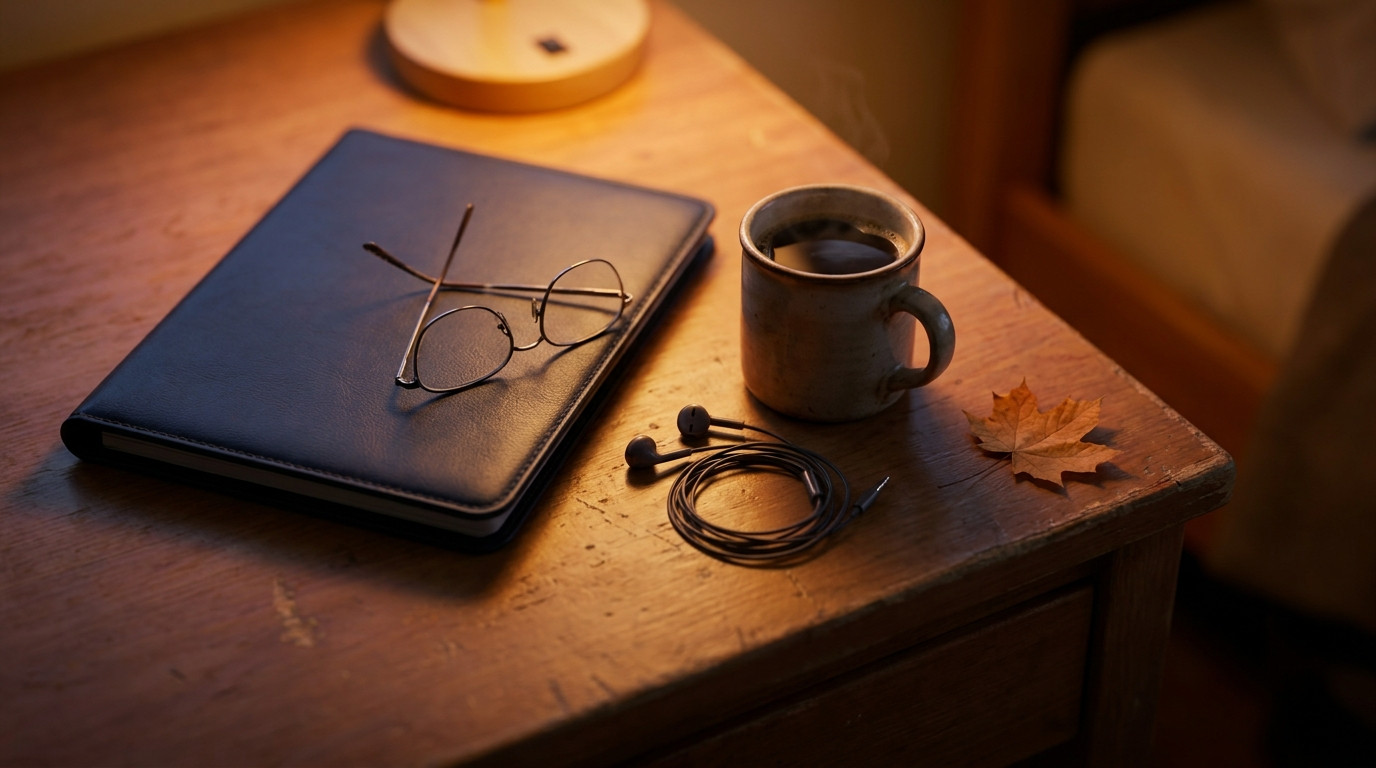 A close-up of a wooden desk corner in a dorm room at dusk, a closed navy leather portfolio lying next to a pair of wire-