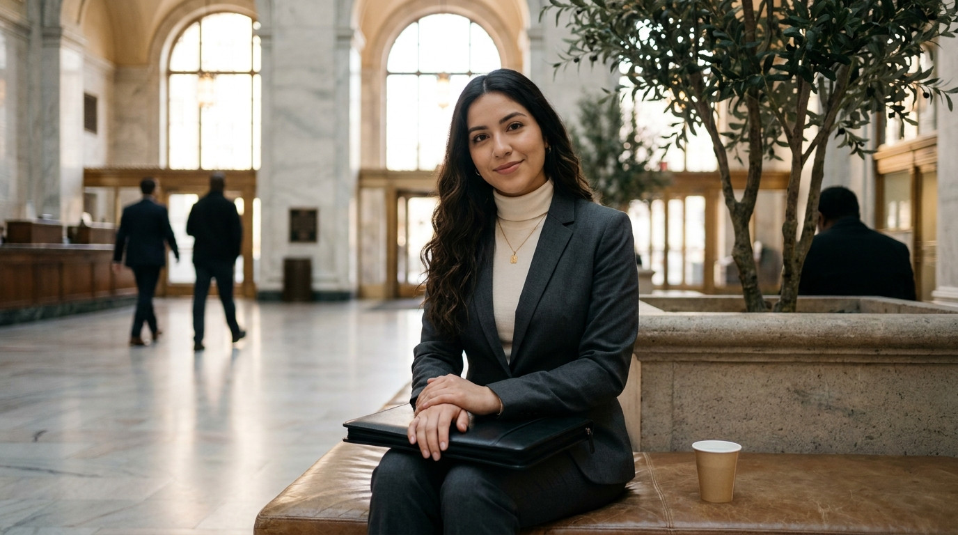 A college student in a charcoal suit sitting upright on a low leather bench in a bright marble bank lobby in the early m