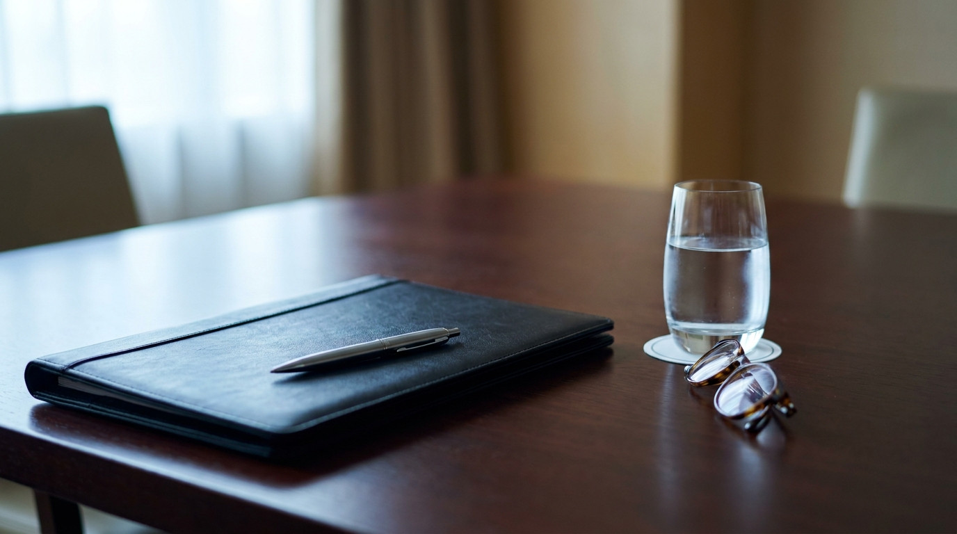A close-up of a dark wooden conference table edge holding a closed black leather portfolio, a silver ballpoint pen lying