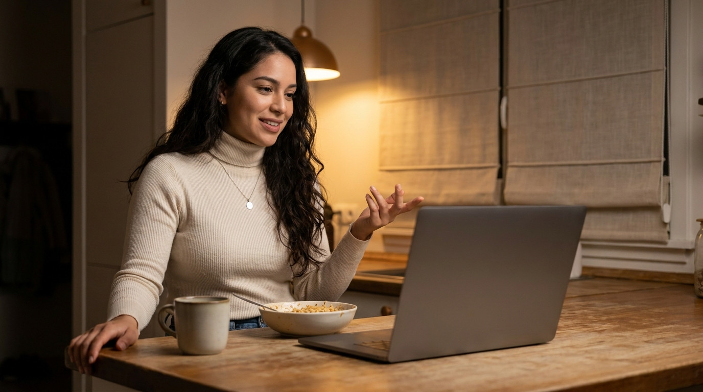 A candidate practices superday interview answers out loud at her apartment kitchen counter at night