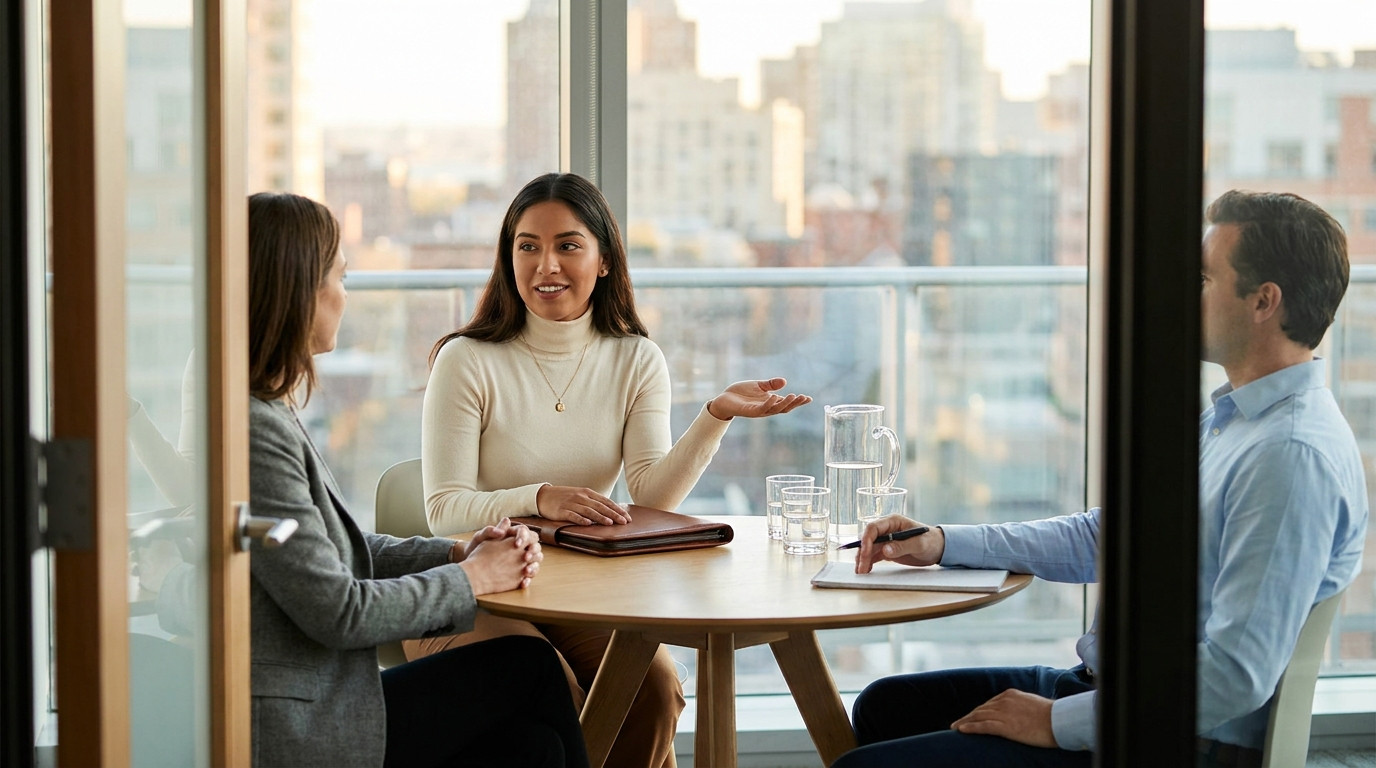 A candidate answers questions from two interviewers at a round table in a glass-walled meeting room