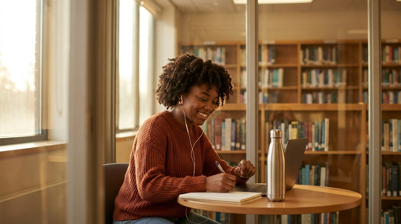The student sits at a small wooden table in a quiet glass-walled library study room on a late afternoon, wearing wired e