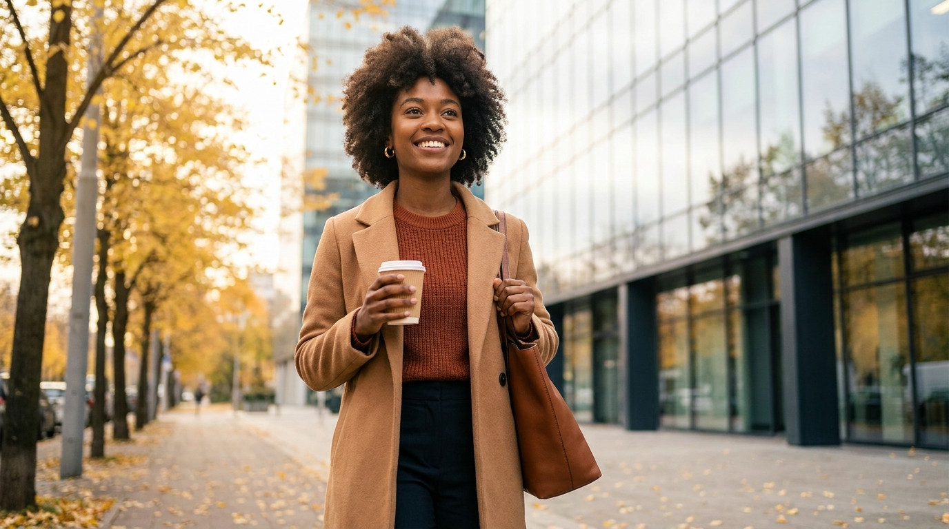 A student holding a coffee walks toward an office building on an autumn morning before an informational interview