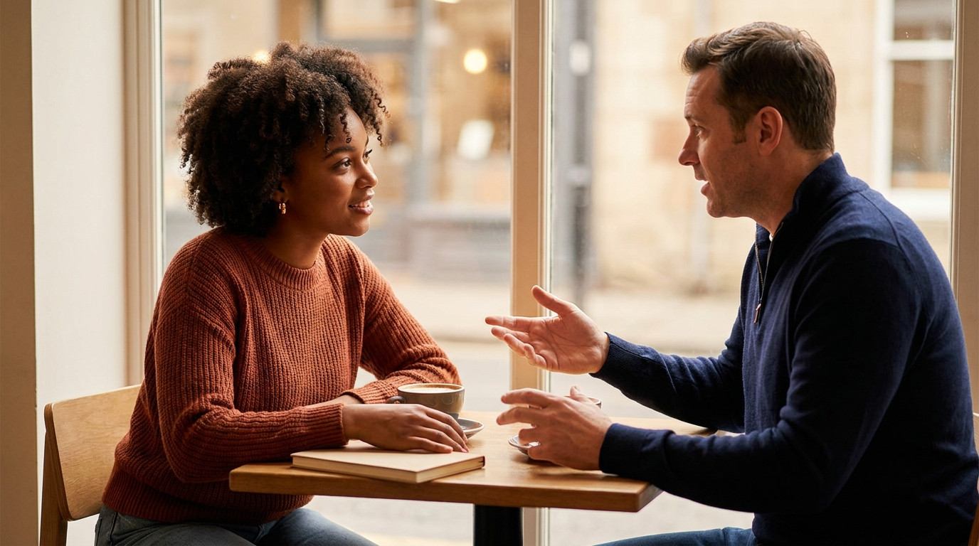 A student listens and takes notes during an informational interview with a professional at a cafe table
