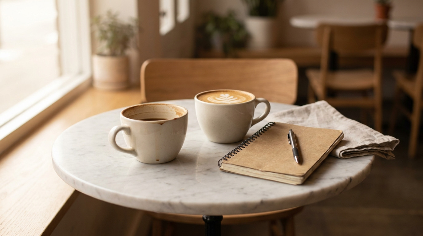 A close-up of a small round marble cafe table holding two ceramic cups of coffee, one nearly finished and one still full