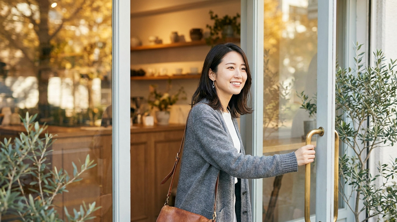The student pushes open the glass door of a small neighborhood cafe on a bright autumn morning, stepping inside with a w