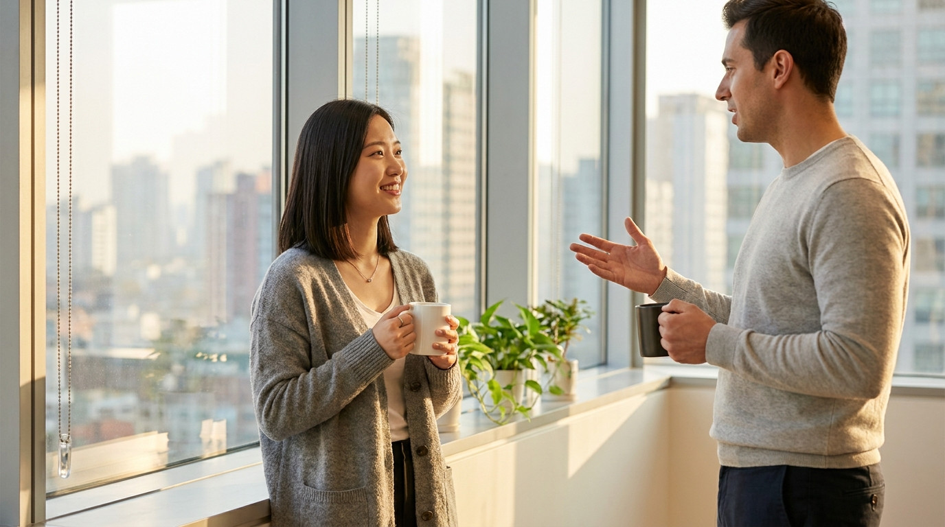 An intern holding a mug listens and smiles during an internal coffee chat with a colleague by an office window