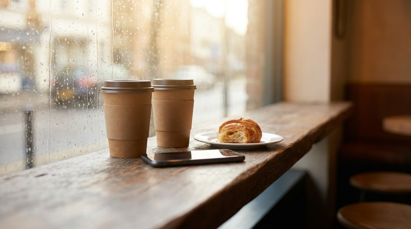 A close-up of a narrow wooden window ledge in a cafe holding two paper takeaway coffee cups with plain unmarked sleeves,