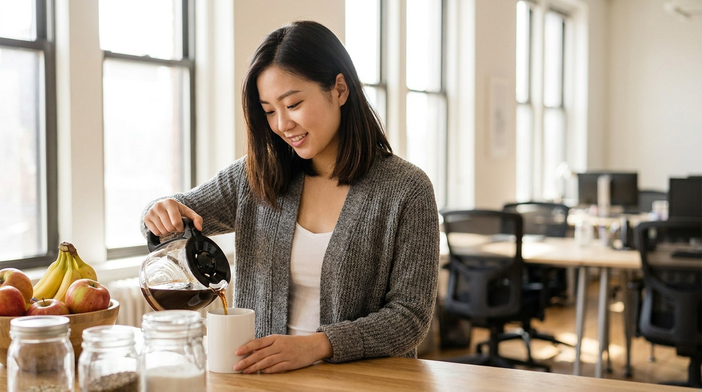 An intern pours coffee into a white mug at a bright office kitchen counter before a coffee chat with a colleague