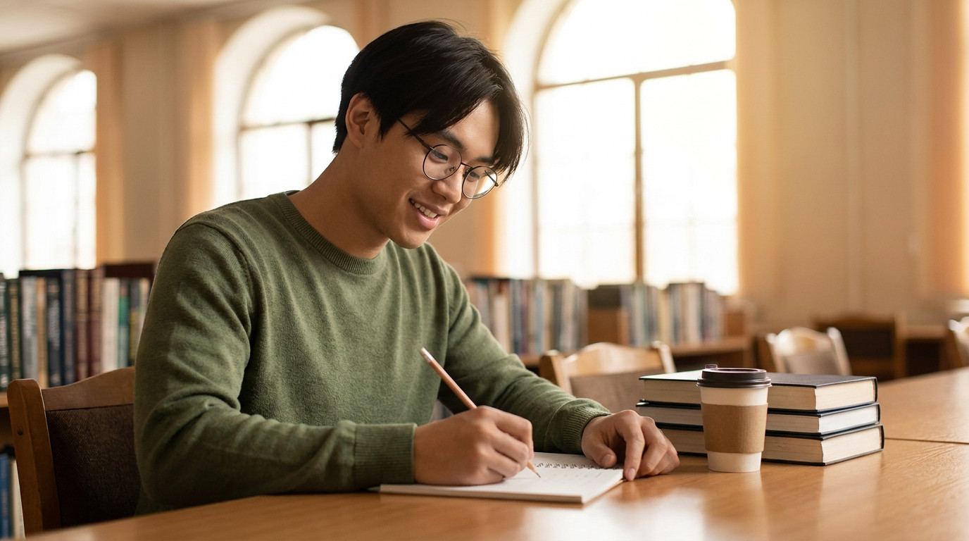 The student sits at a long wooden desk in a quiet university library on a crisp autumn afternoon, writing in a paper