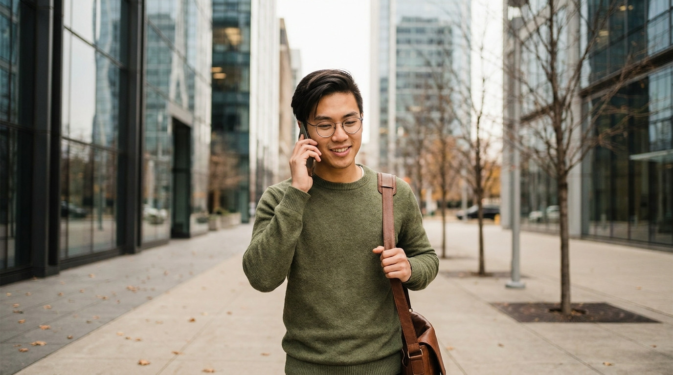 The student walks along a wide city sidewalk past tall glass office towers on a cool late-autumn morning, holding a