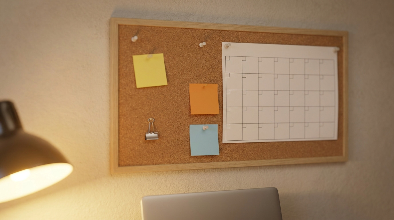 A close-up of a cork board on a dorm room wall holding a printed monthly wall calendar with blank date squares, three