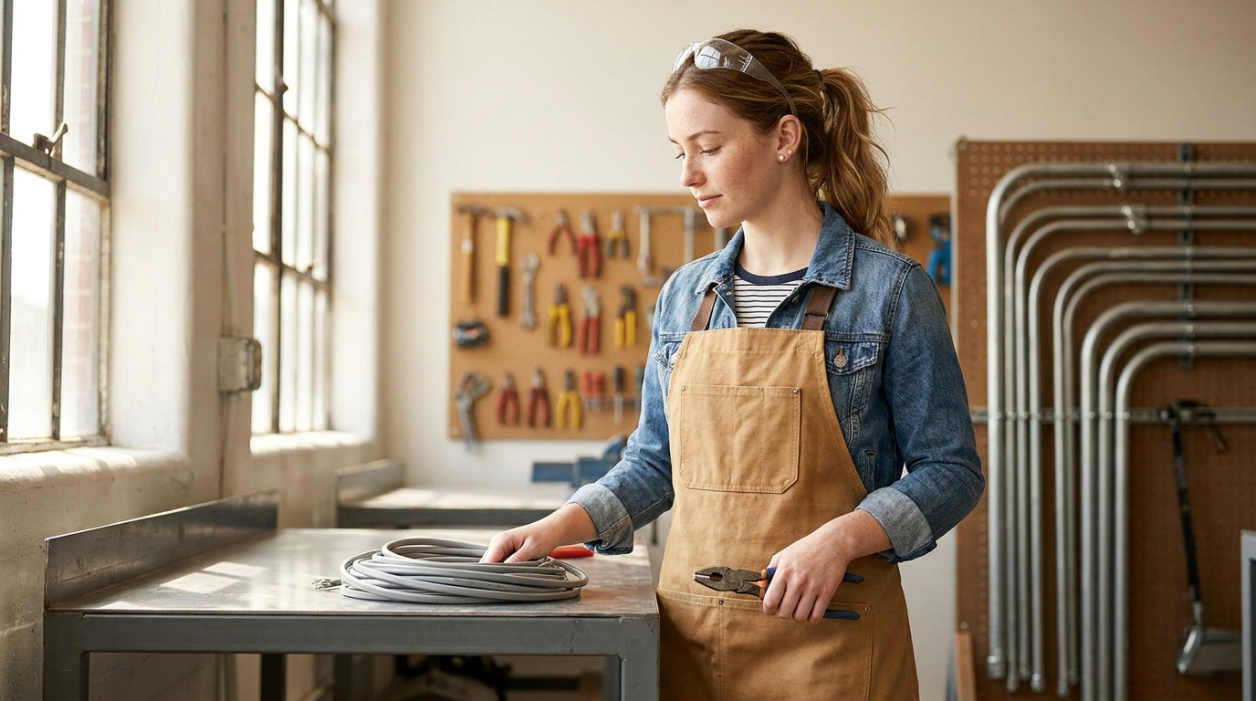 The apprentice stands at a steel workbench in a bright electrical training workshop on a clear morning, looking down