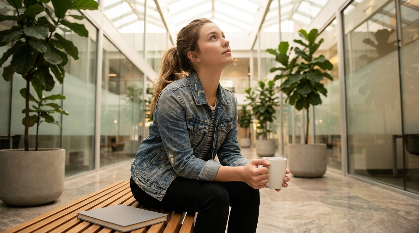 The intern sits on a wooden bench in a glass-walled office atrium during a quiet mid-morning break, looking up toward