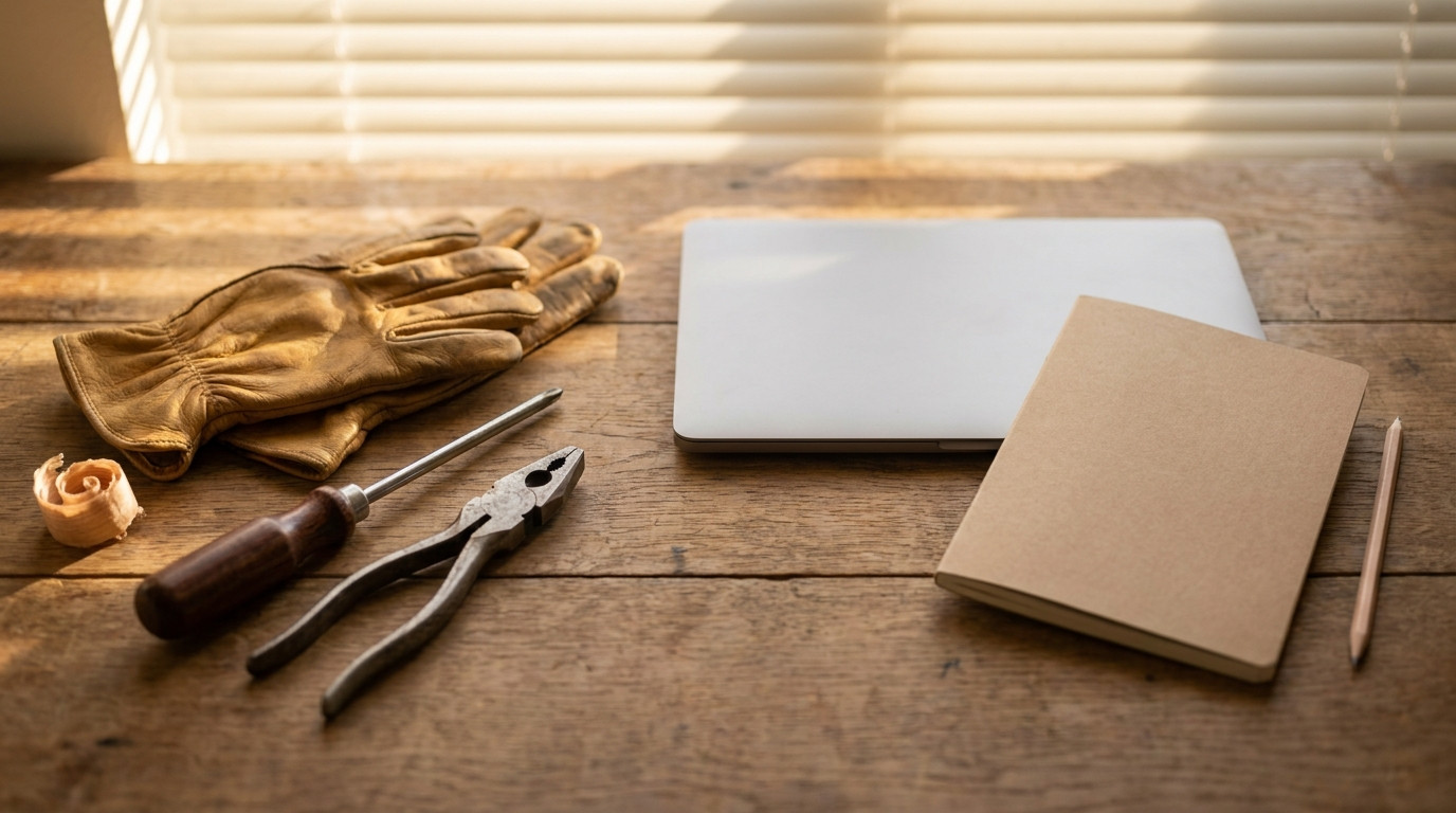 A close-up of a worn oak desk holding a pair of tan leather work gloves, a screwdriver with a wooden handle and a pair