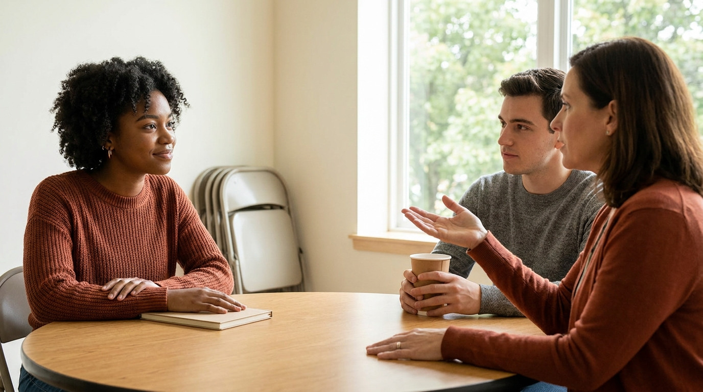 The practicum student sits on the left side of a round table in a sunlit community center meeting room, both hands