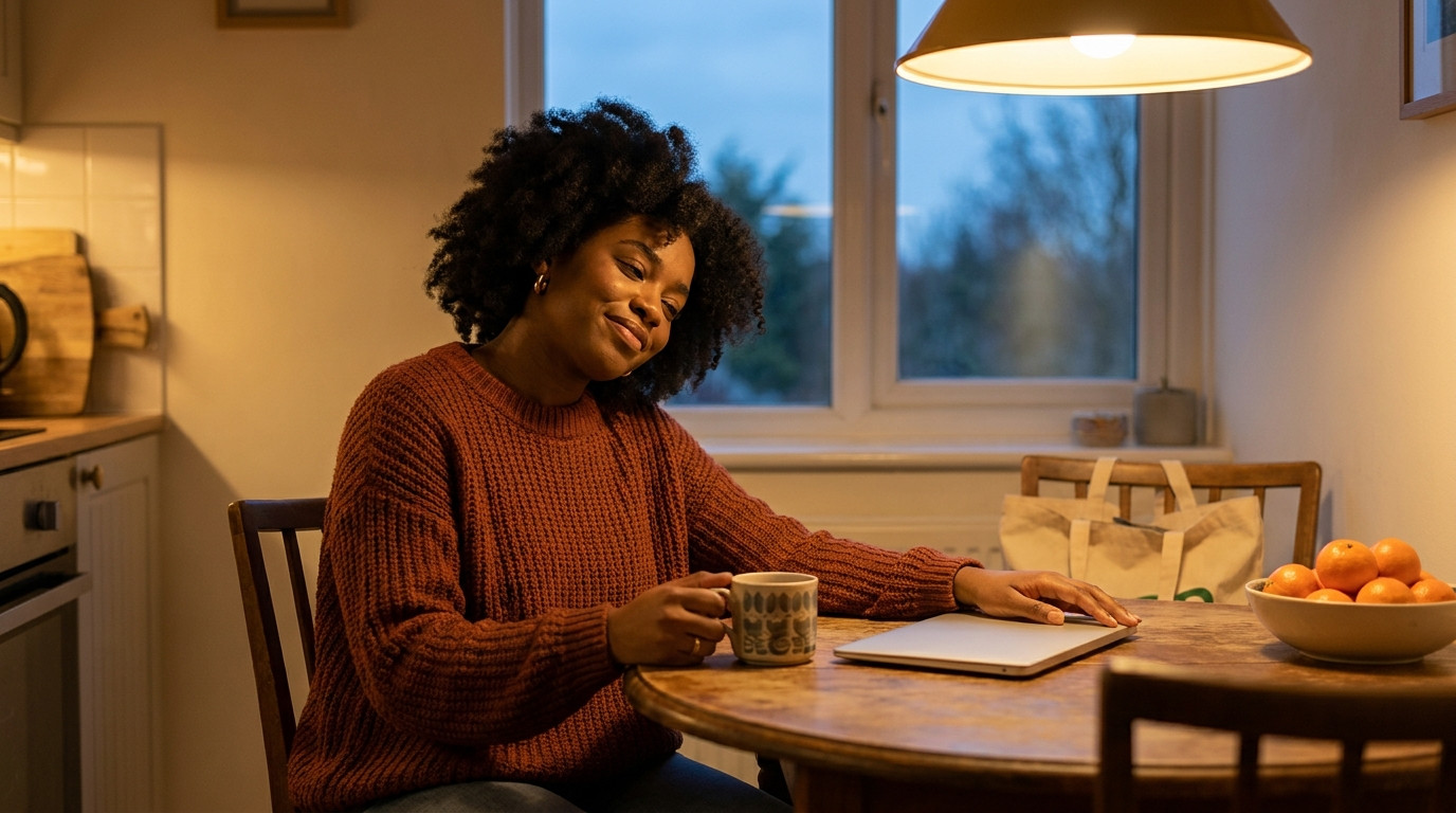 The student sits at a small kitchen table at home in the early evening, leaning back in the chair with a tired but