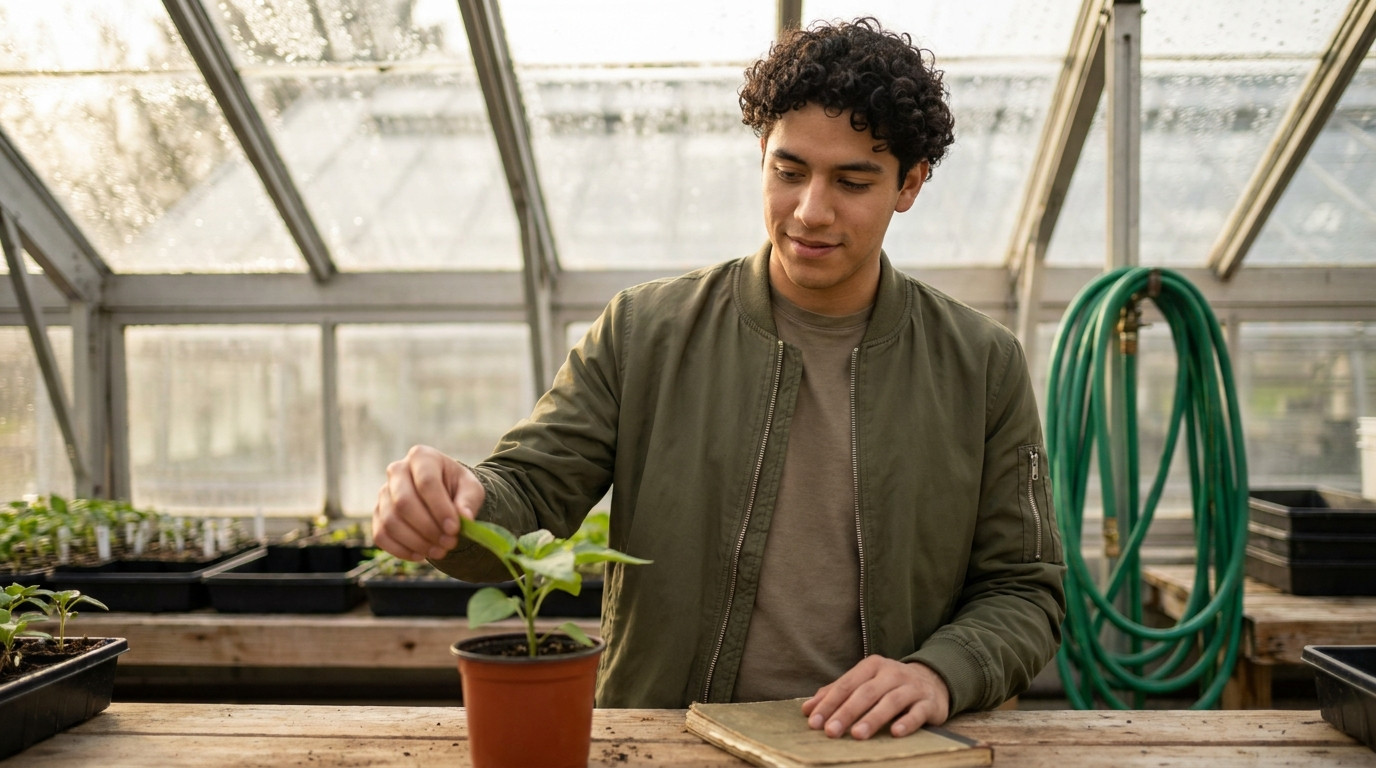 The research fellow examines a potted seedling at a bench in a university greenhouse lab.