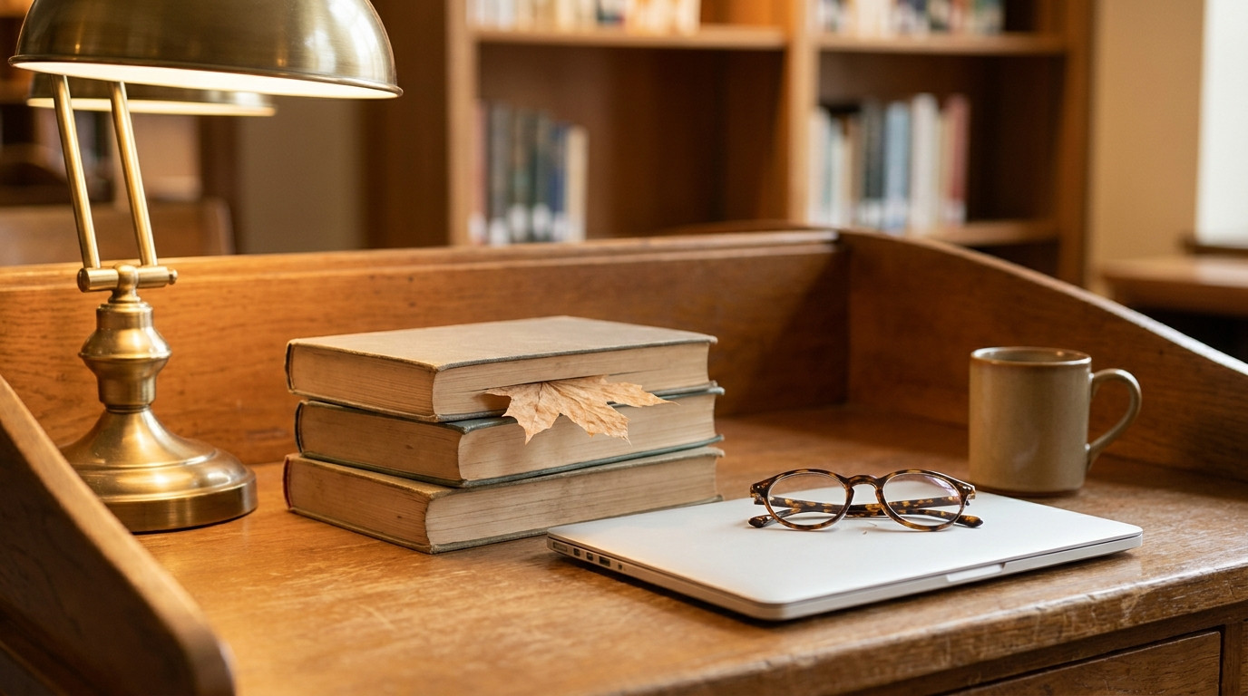 Clothbound books, a closed laptop, reading glasses and a mug on a wooden library carrel desk.