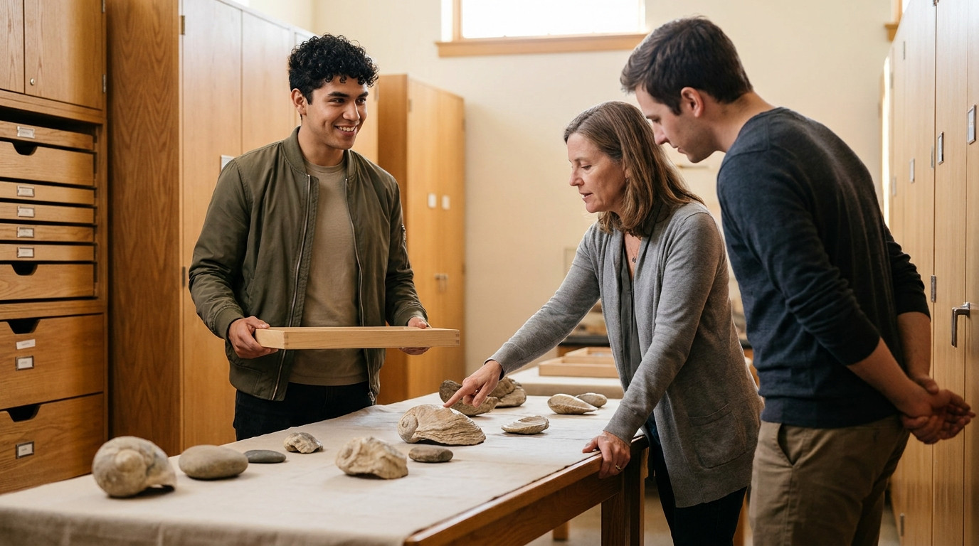The research fellow and two colleagues stand around a specimen table in a museum collections room.