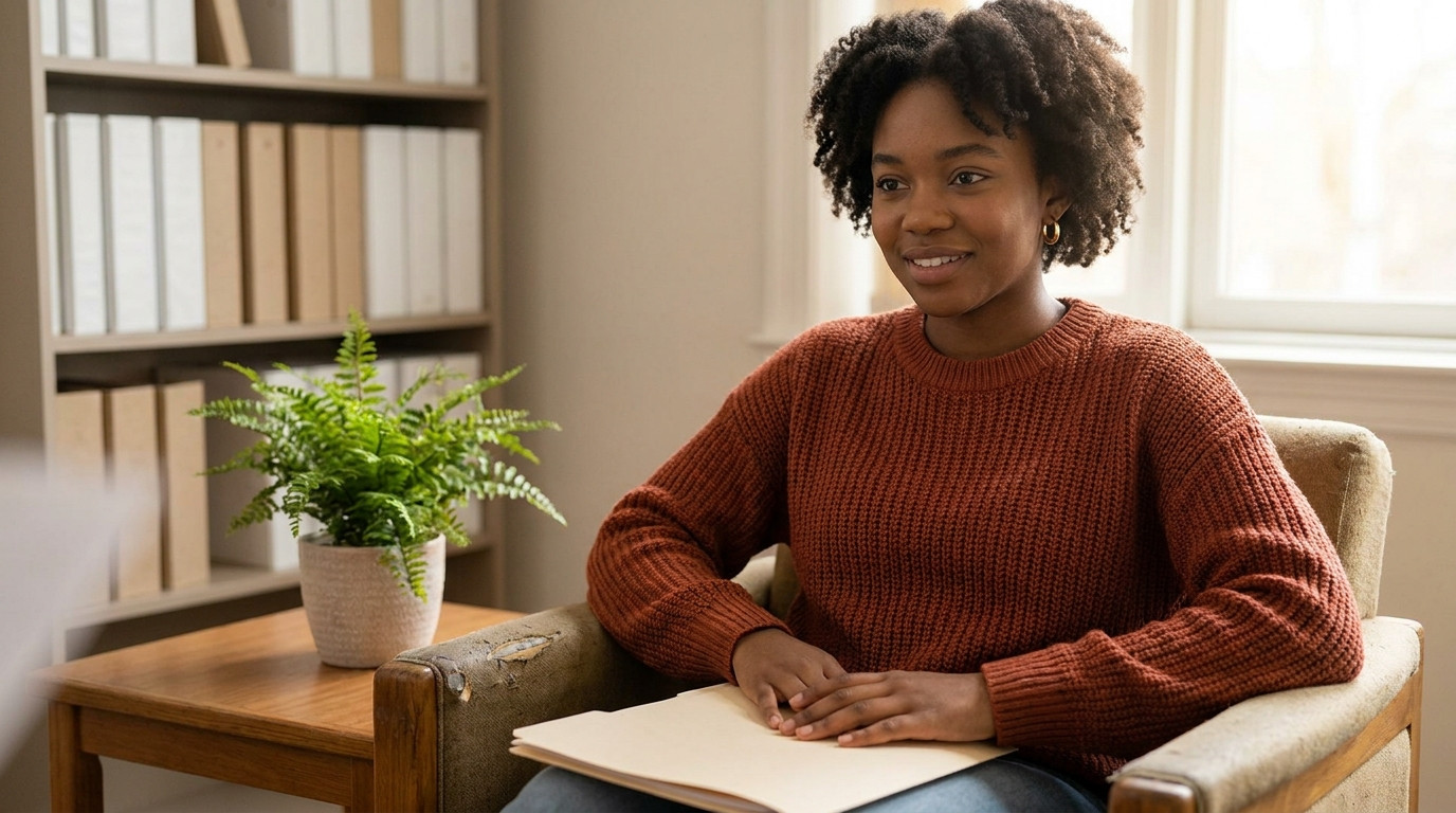The practicum student sits in a low armchair in a small school counseling office on a bright morning, leaning slightly