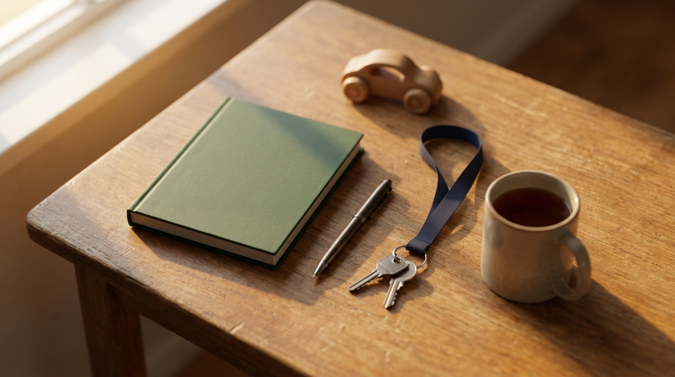 An overhead flat-lay of a wooden desk in a school office holding a closed hardcover logbook with a plain dark green