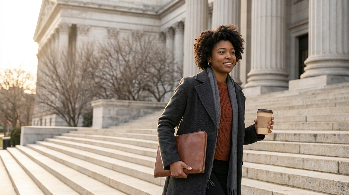 The student walks up the wide stone steps of a neoclassical government building on a clear, cold January morning