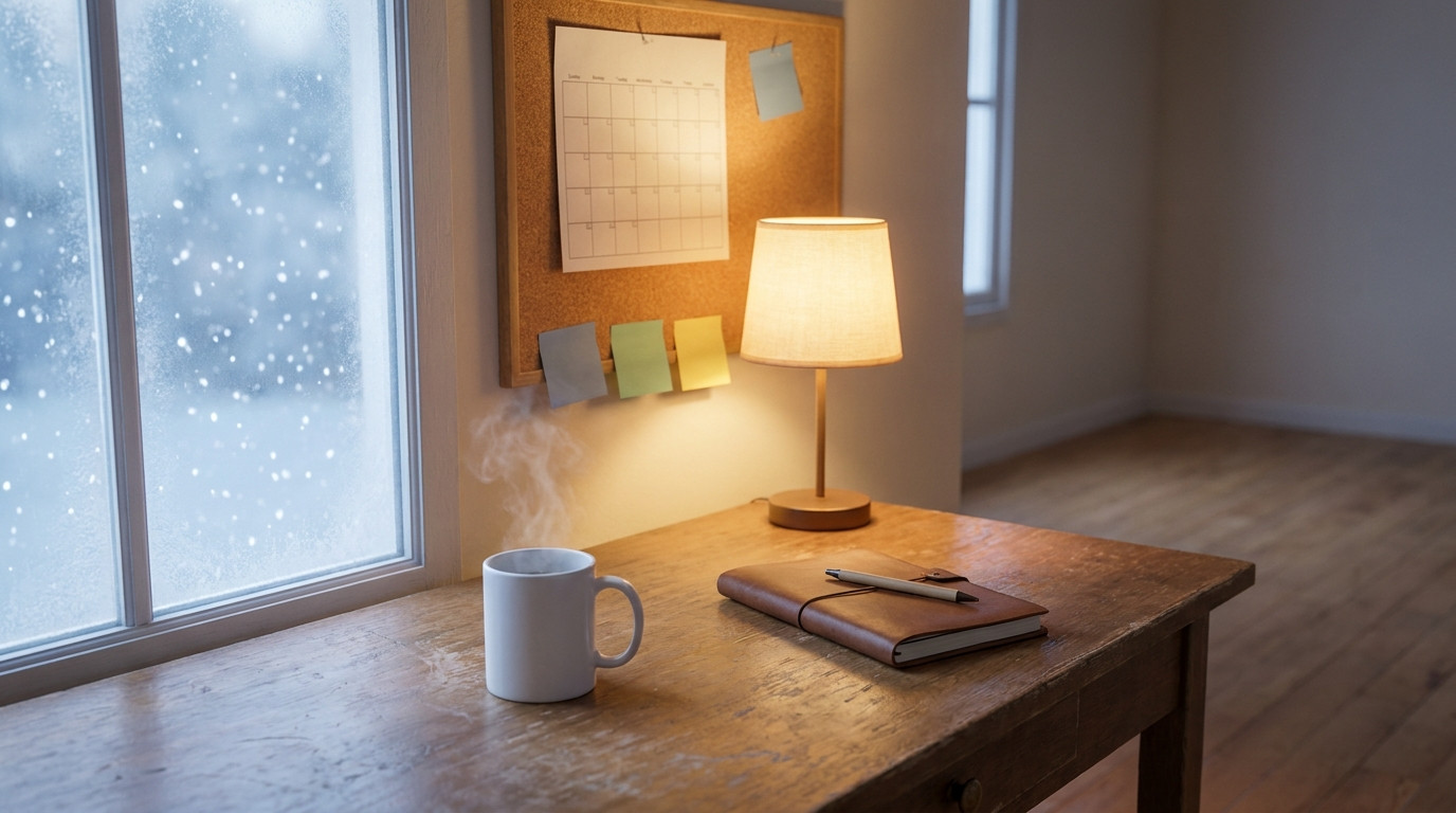 Still-life photograph with no people at all, an empty room: a wooden desk by a frosted window holding a white ceramic