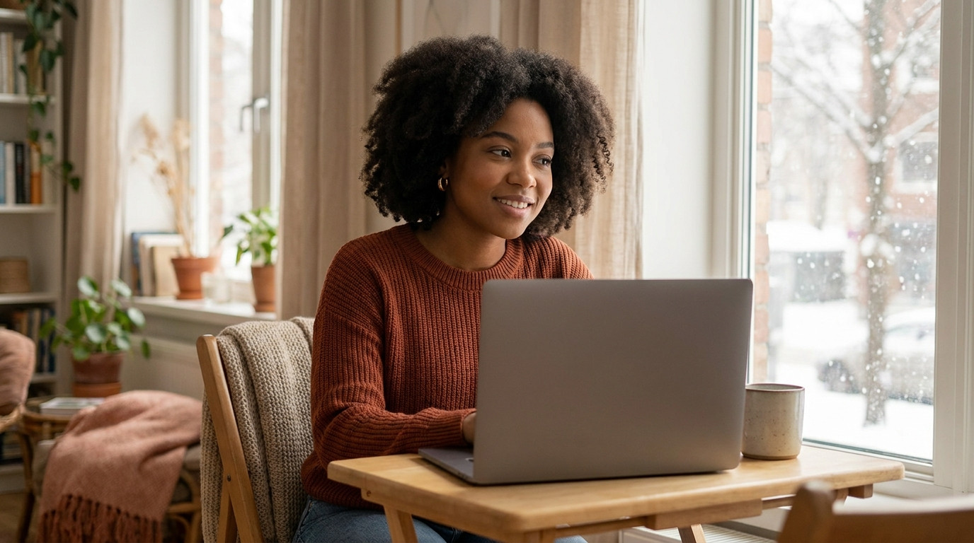 The student sits at a small wooden desk by a window in a cozy apartment on a snowy afternoon, smiling as she speaks on