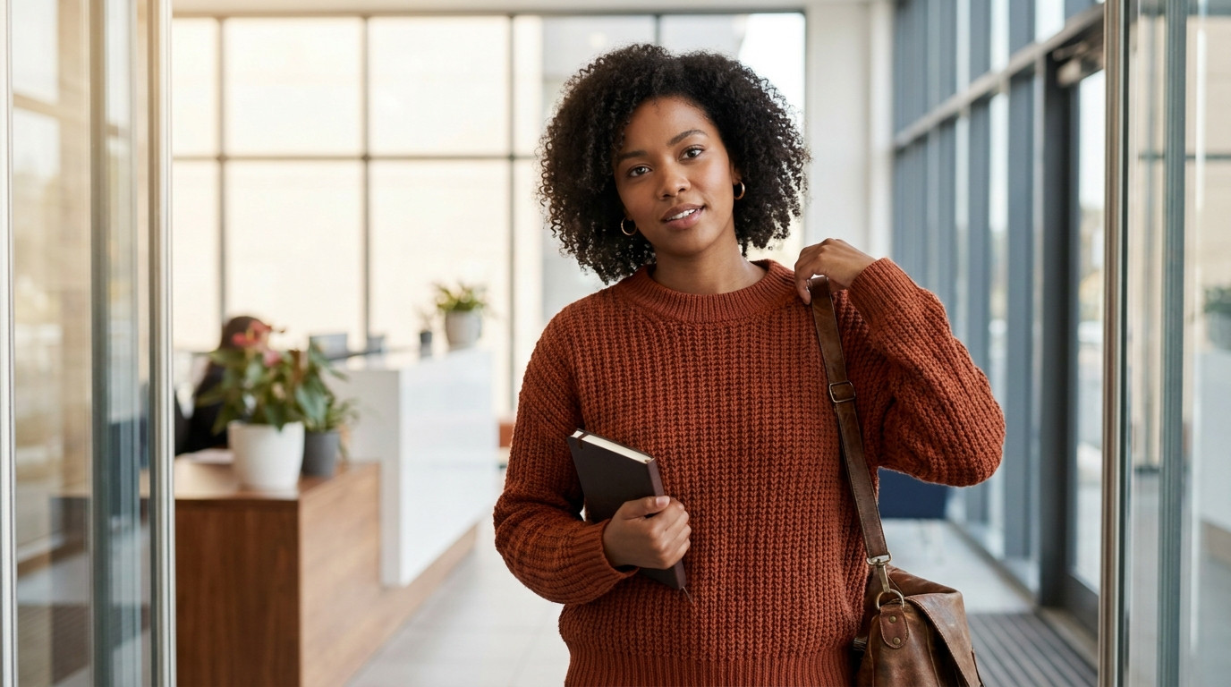 The student walks through the bright glass entrance of a modern office lobby on a weekday morning, holding a small