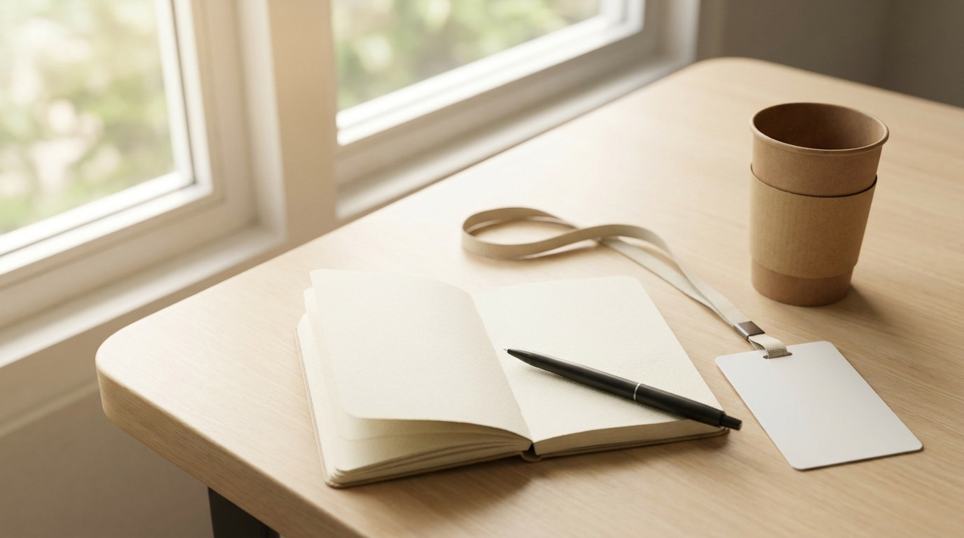A small open notebook with blank pages and a black pen lying across it, a visitor lanyard with a completely blank white