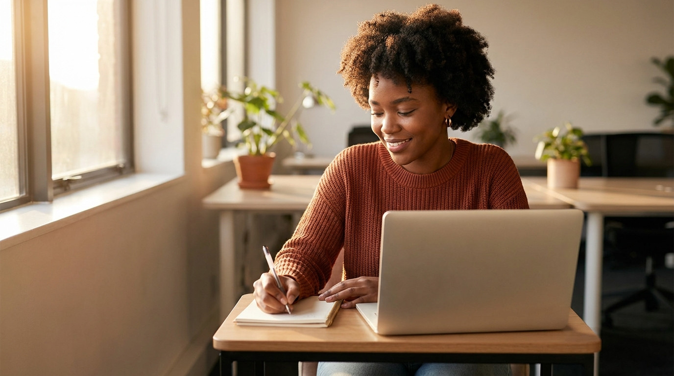 The student sits alone at a small side desk in a quiet corner of a bright open-plan office in the afternoon, writing