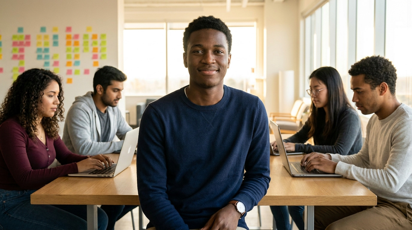 A team of four college students coding together on laptops at a hackathon table in a bright corporate event space