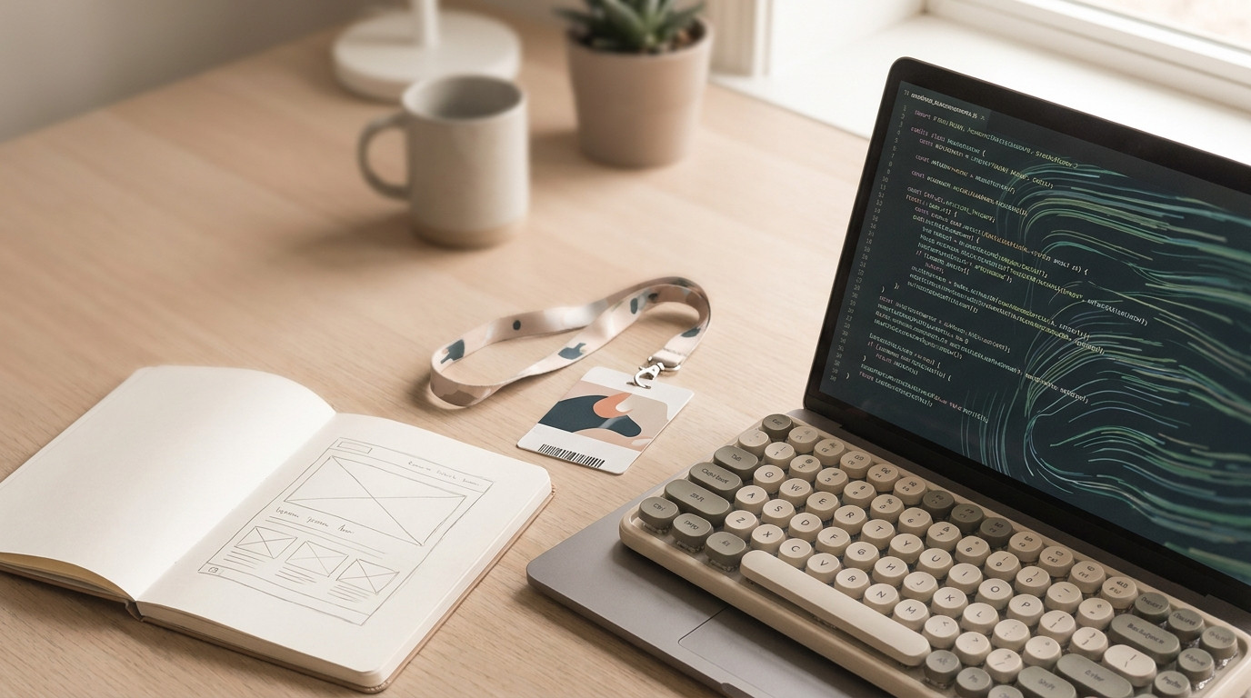 Overhead shot of a laptop showing abstract code, a mechanical keyboard, a notebook with a wireframe sketch and a
