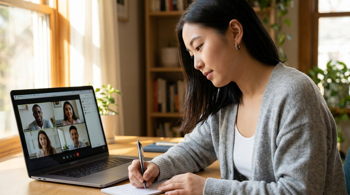 A college sophomore on a video call at a home desk with a laptop, taking notes while a bank professional presents on