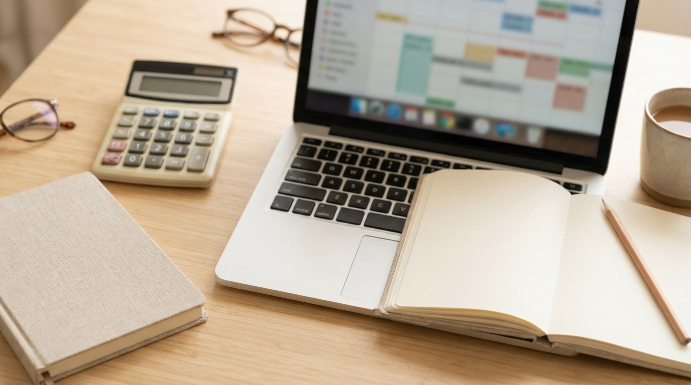 Flat lay of a laptop showing an abstract spreadsheet, a calculator, a notebook and a pen on a light wooden desk