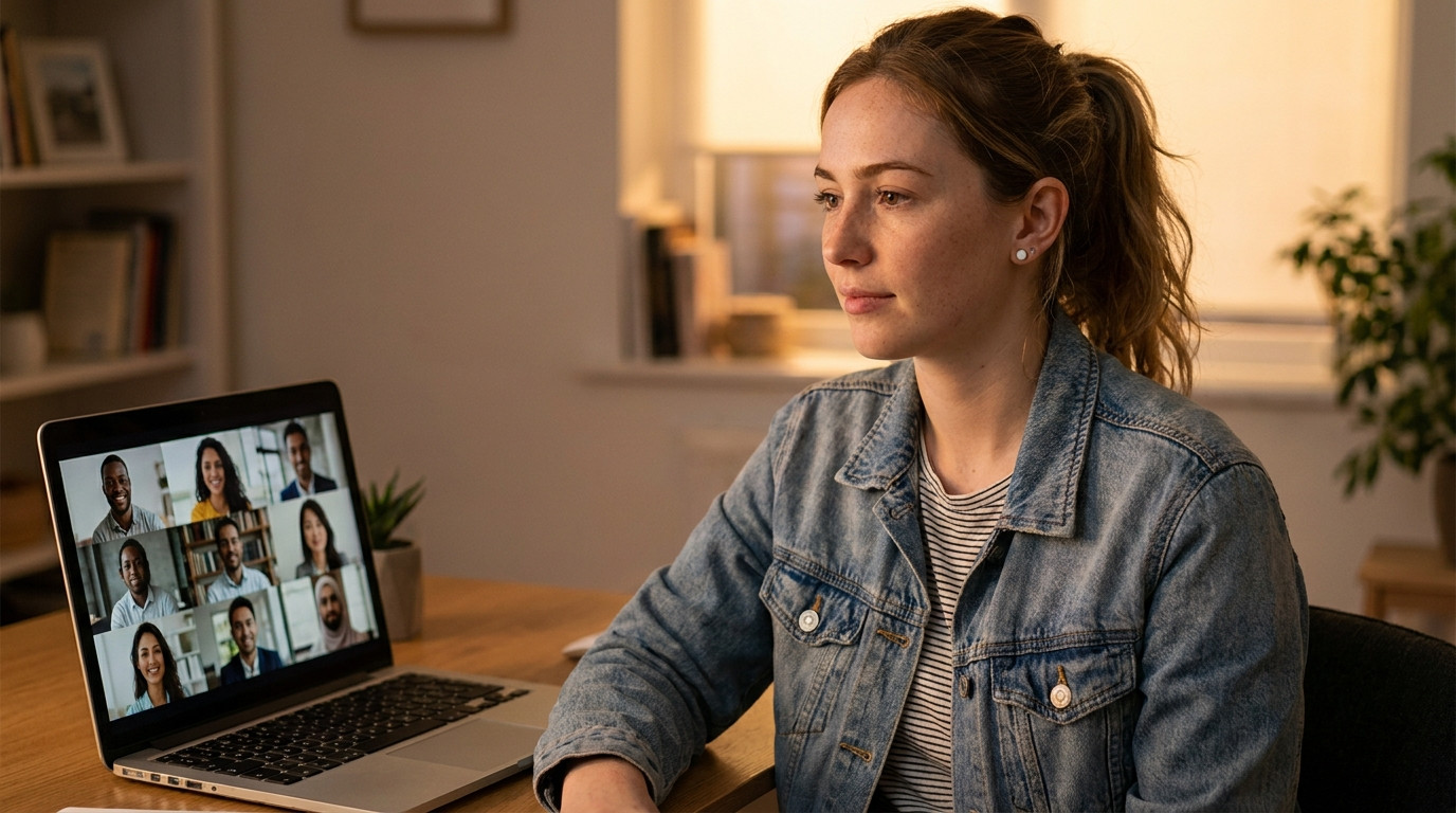 A college sophomore at a desk joining a virtual banking workshop on a laptop, a small group of professionals visible on
