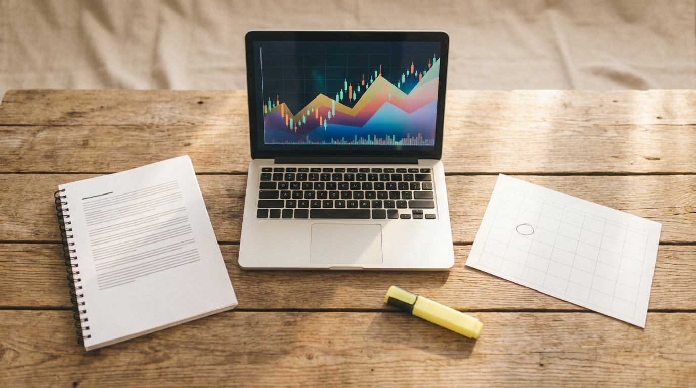 Flat lay of a laptop showing an abstract market chart, a printed company report, a highlighter and a calendar page on a