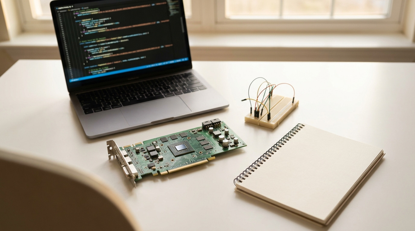 Flat lay of a green graphics card circuit board, an open laptop showing abstract lines of code, a small breadboard with