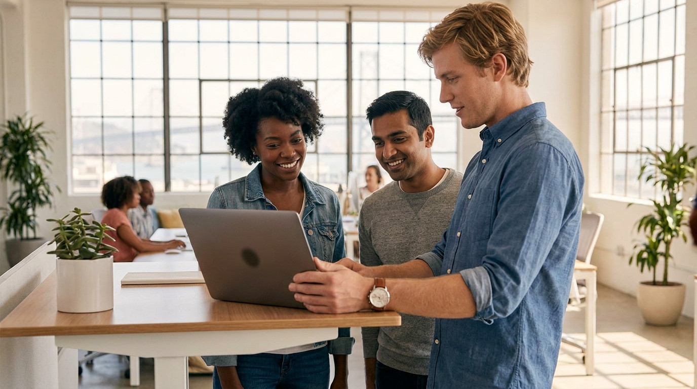 A college intern presenting a laptop screen to two engineers at a standing desk in a modern open office in San