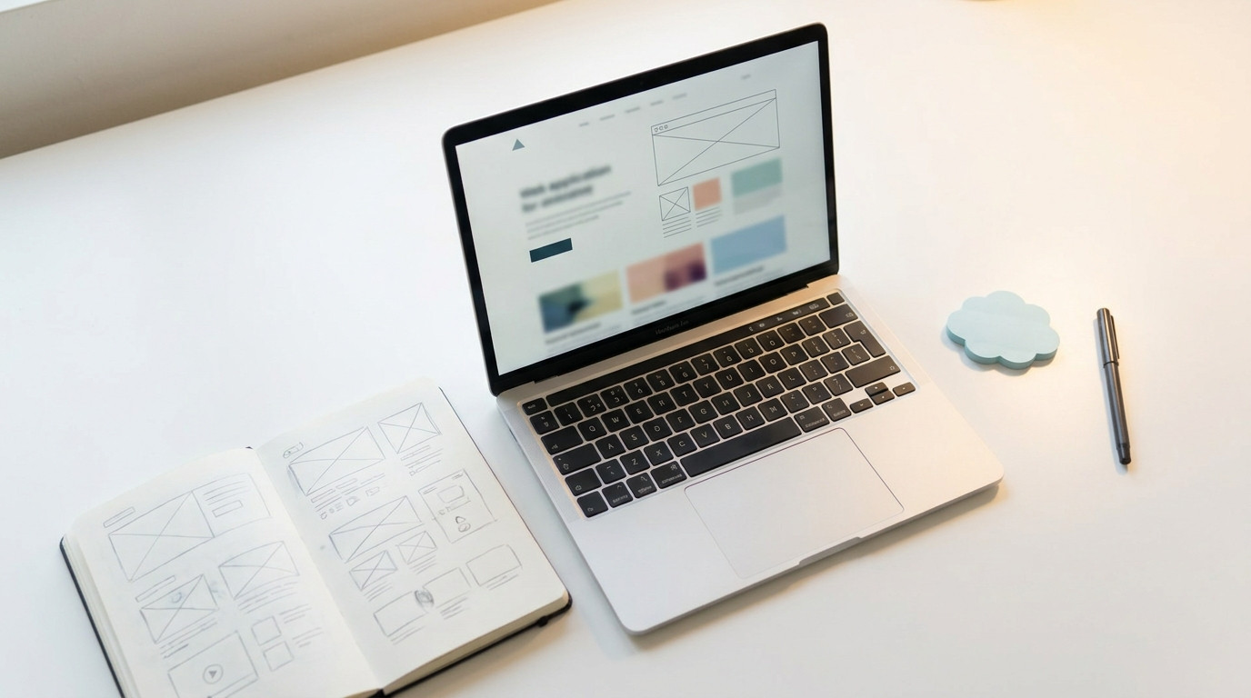 Flat lay of an open laptop showing an abstract web app layout, a notebook with hand-drawn wireframe sketches, a
