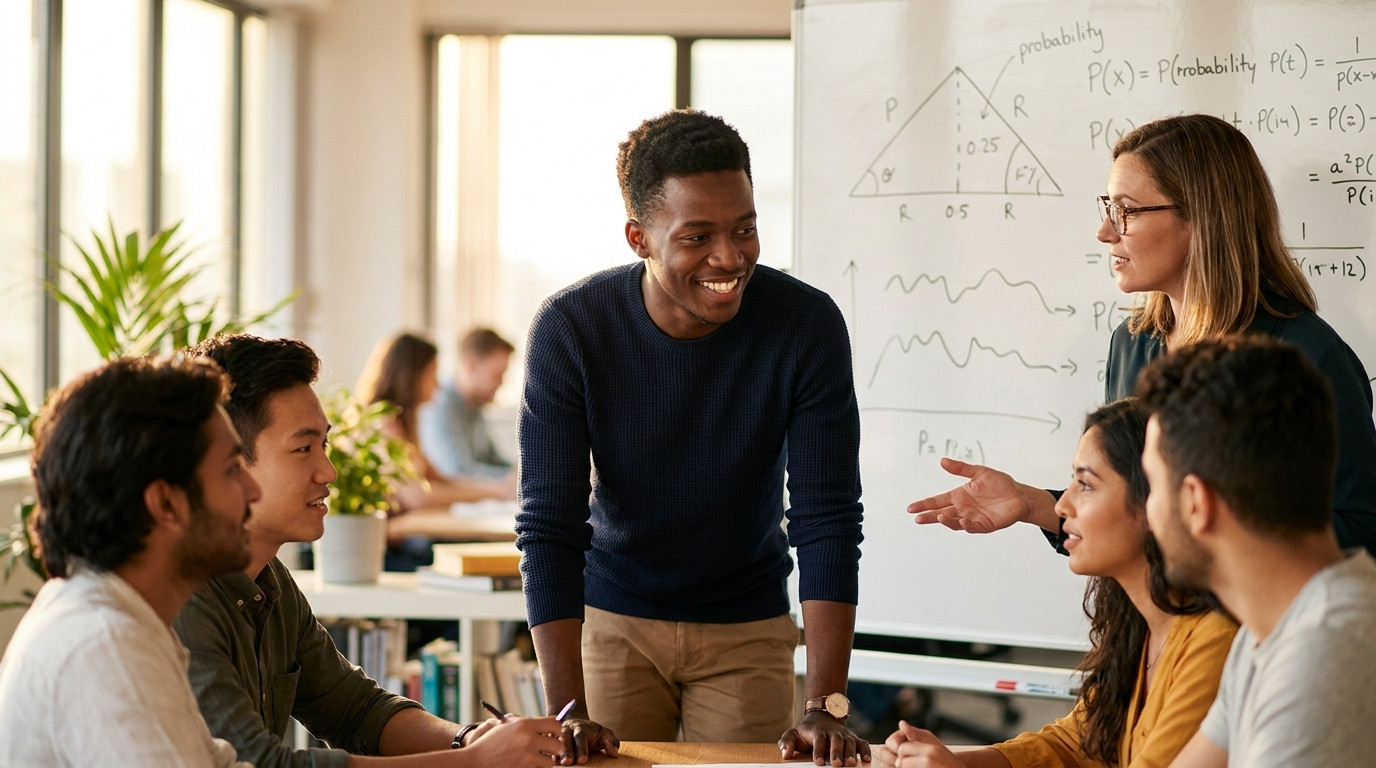 A small group of university students around a table in a bright modern office, working through a probability puzzle on