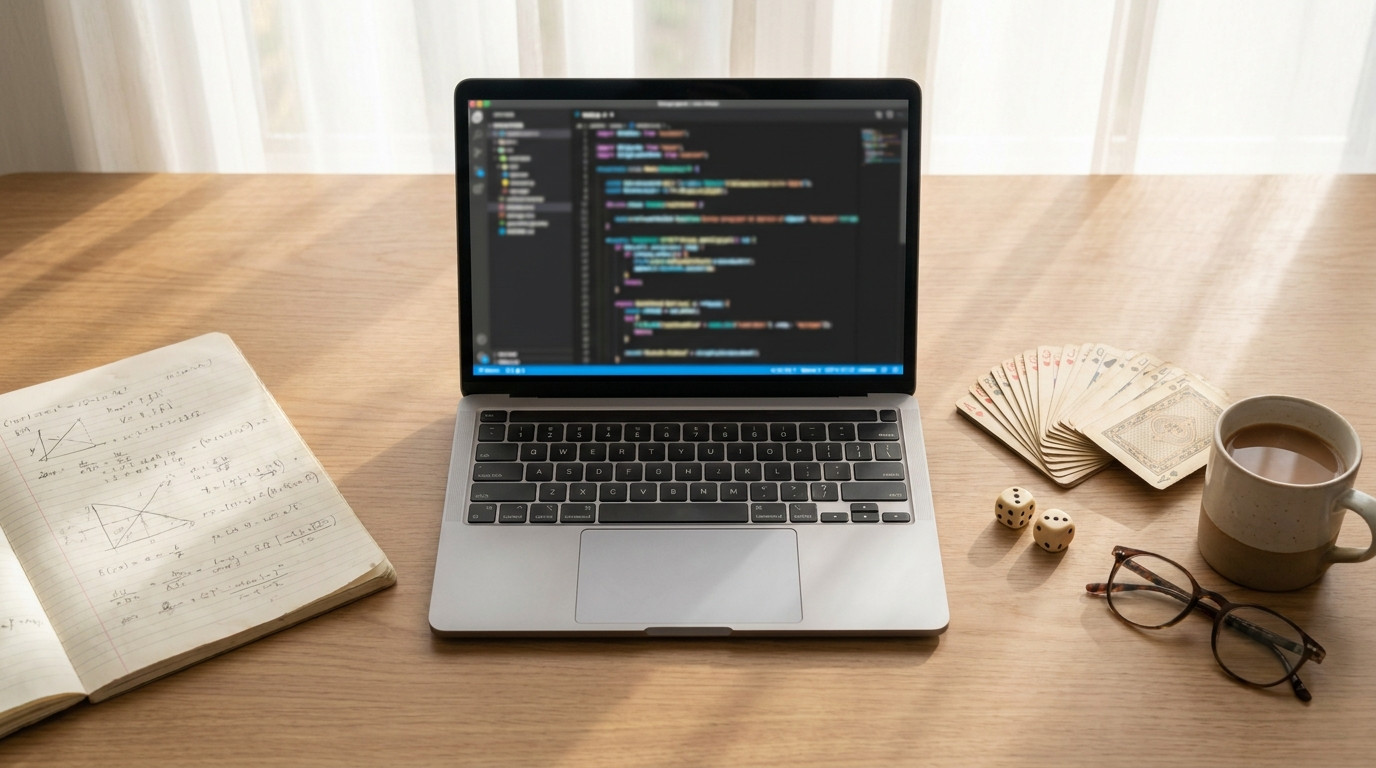 Flat lay of a laptop showing abstract code, a deck of playing cards, a pair of dice and a notebook with handwritten