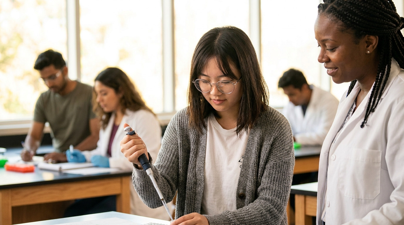 A college student in a university biology lab wearing safety glasses, pipetting samples at a bench while a faculty